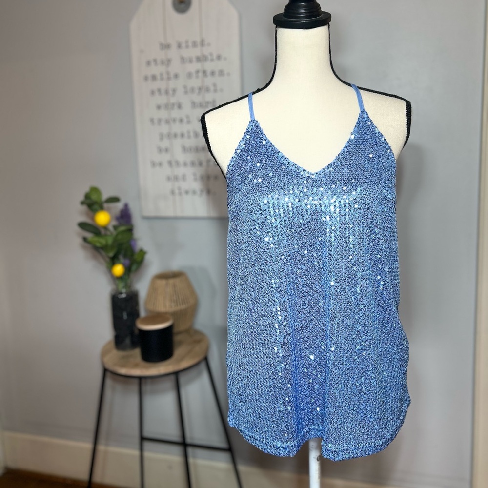 Blue Sequin Adjustable Strap V-Neck Sleeveless Polyester Camisole Tank Top M
